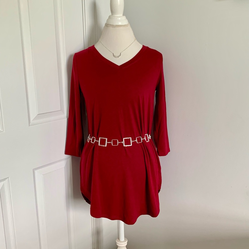 BNWT Dark Red V-Neck Tunic with Slight Hi-Low Hem